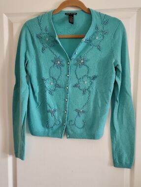 Lucky Brand Turquoise Floral Beaded Button Cardigan